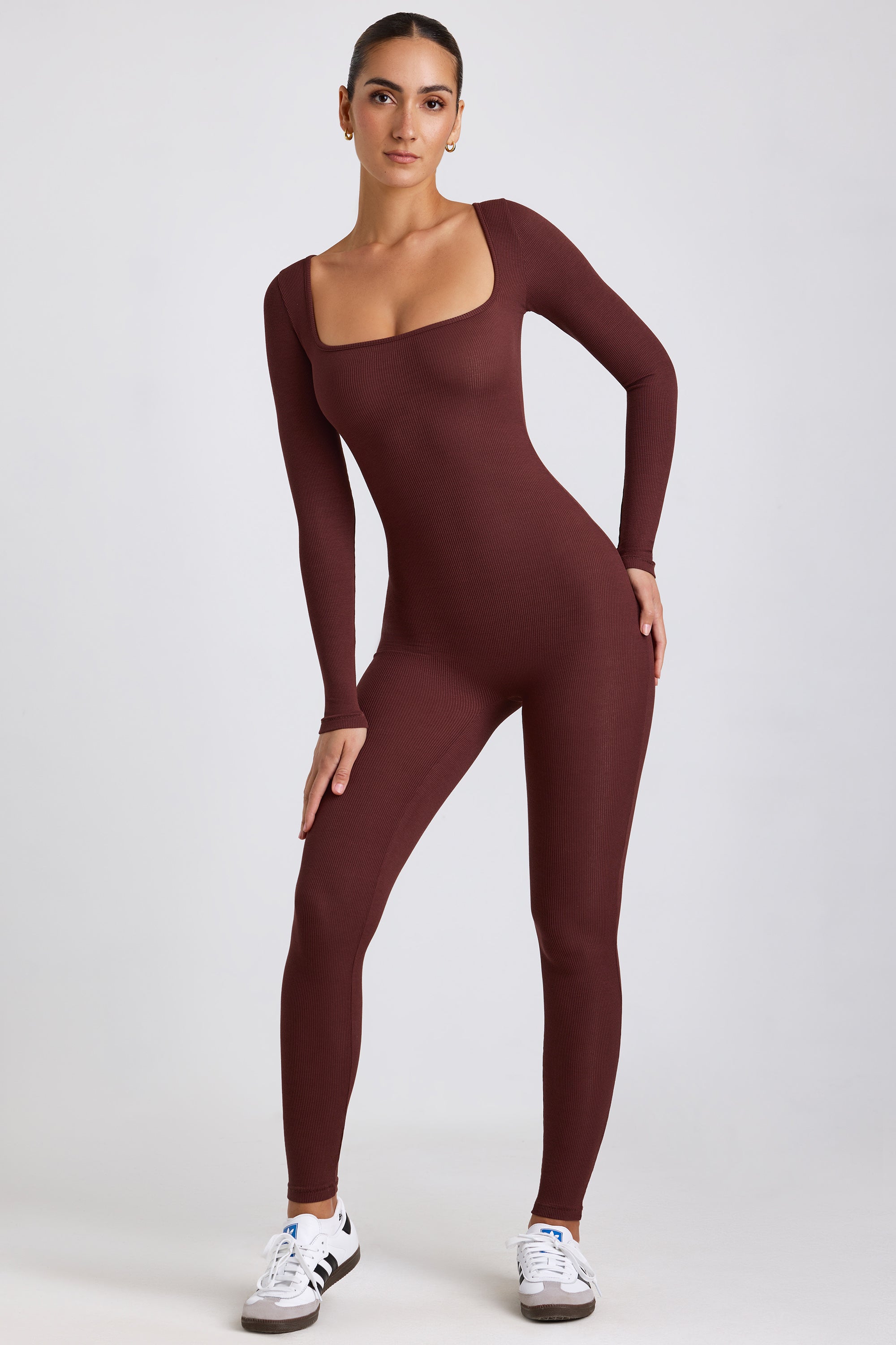 Petite Ribbed Modal Long Sleeve Jumpsuit in Espresso