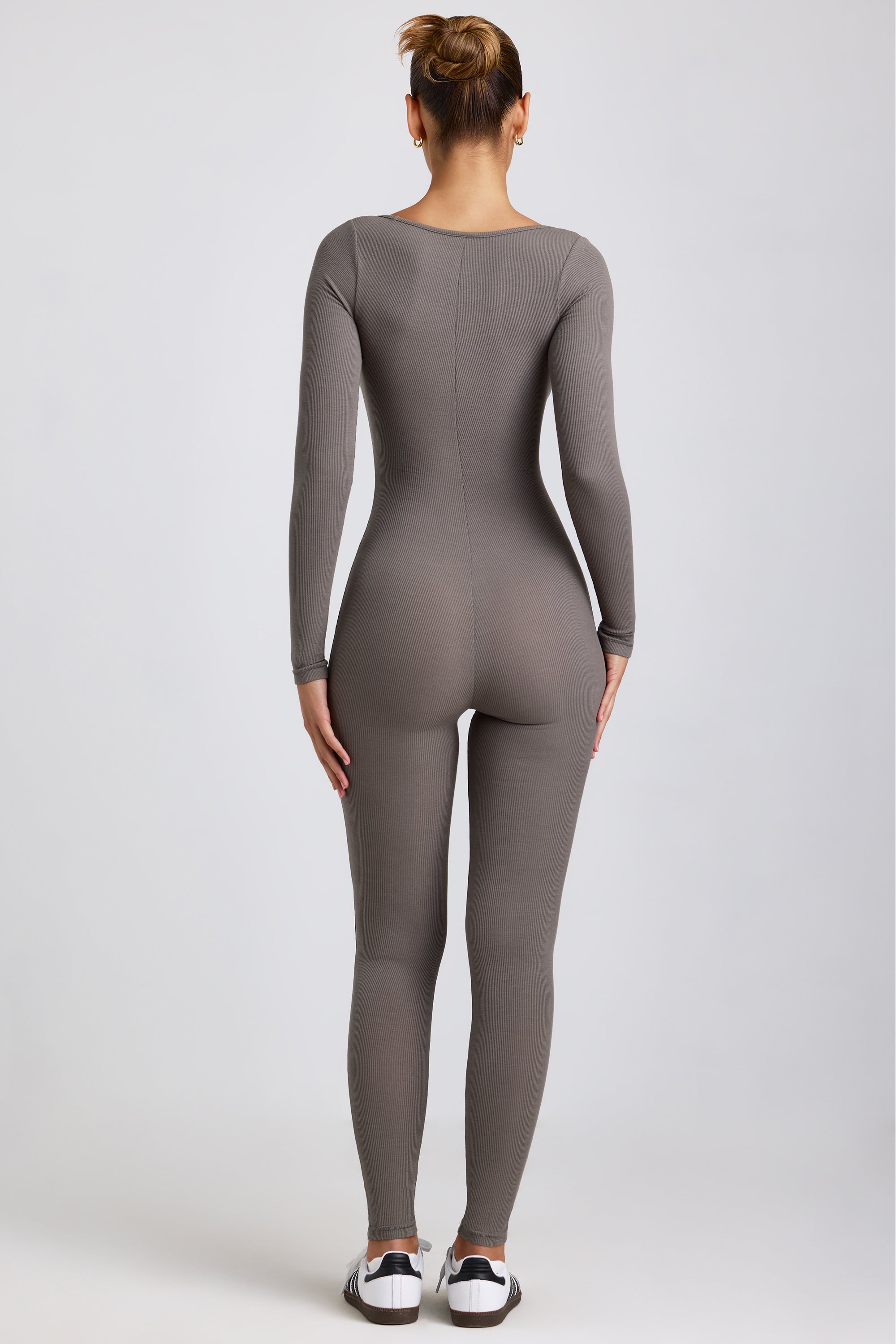 Petite Ribbed Modal Long Sleeve Jumpsuit in Grey