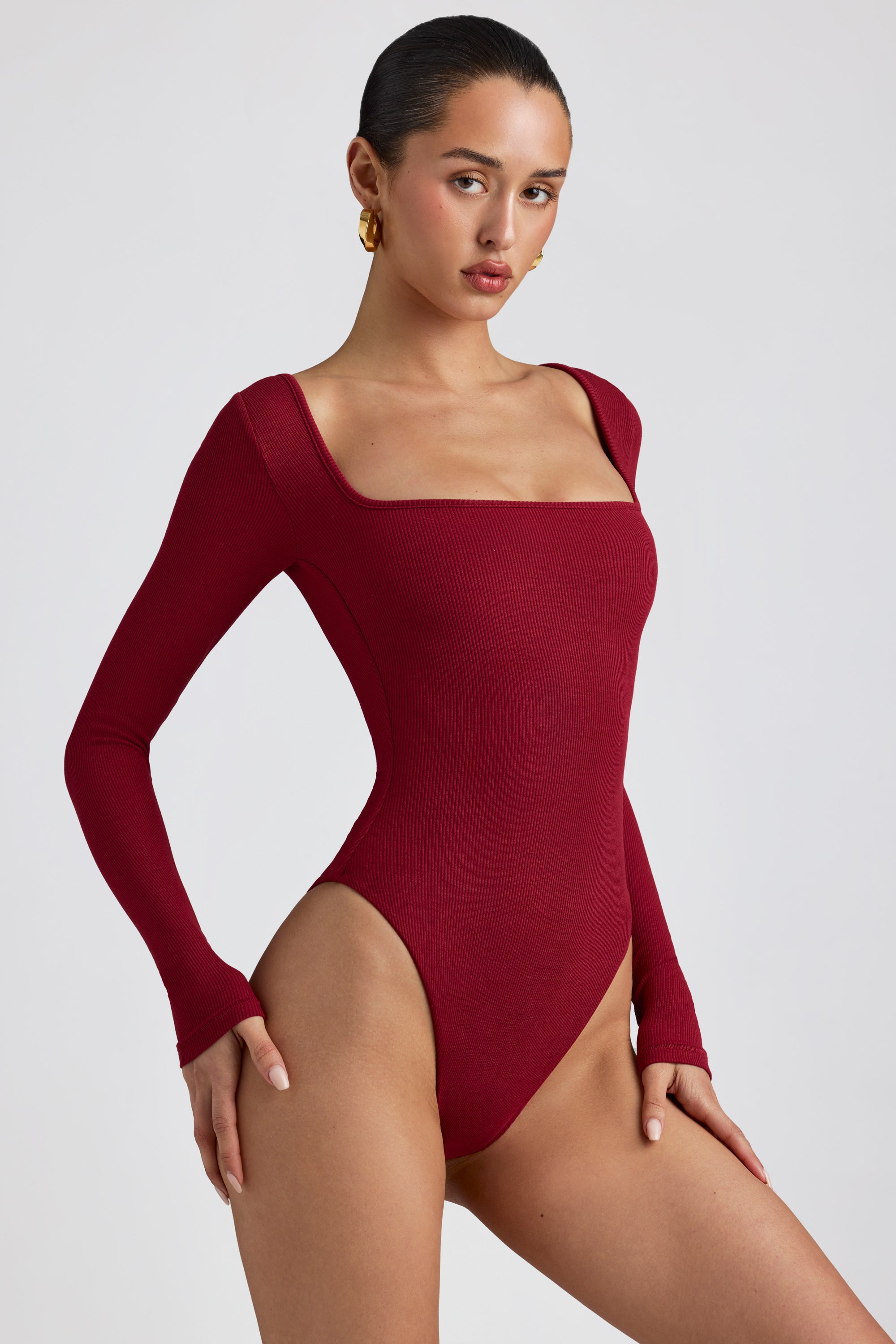 Ribbed Modal Long Sleeve Bodysuit in Maroon