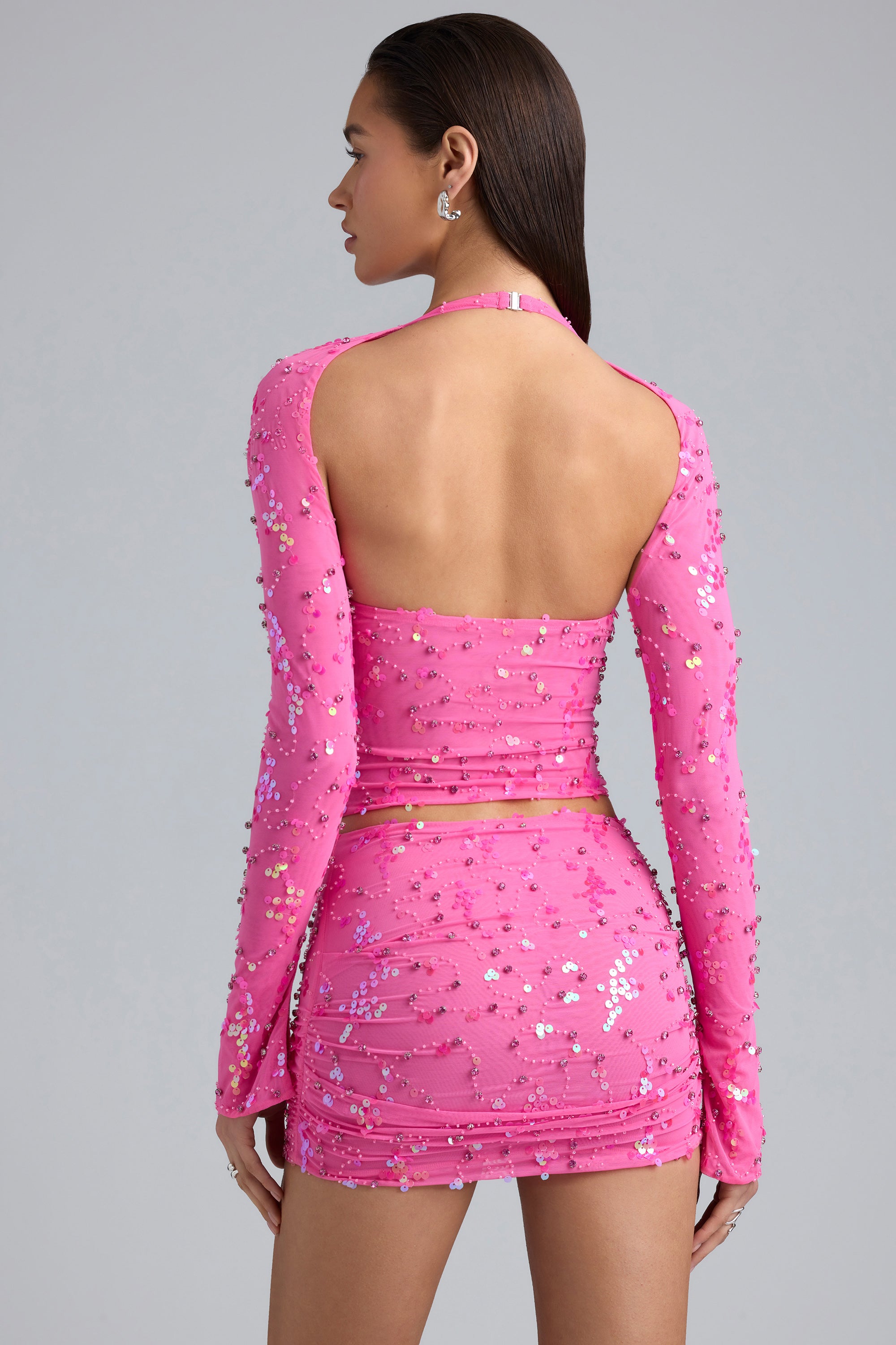 Embellished Cut-Out Halterneck Top in Bubblegum Pink