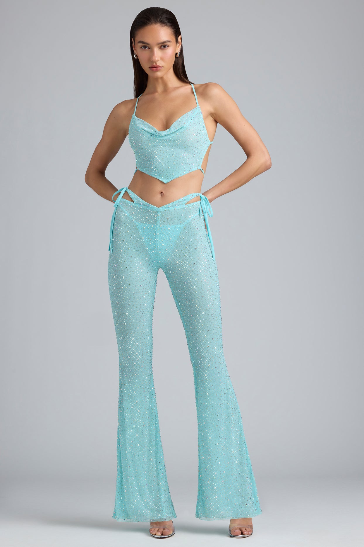 Embellished Cut-Out Flared Trousers in Ice Blue