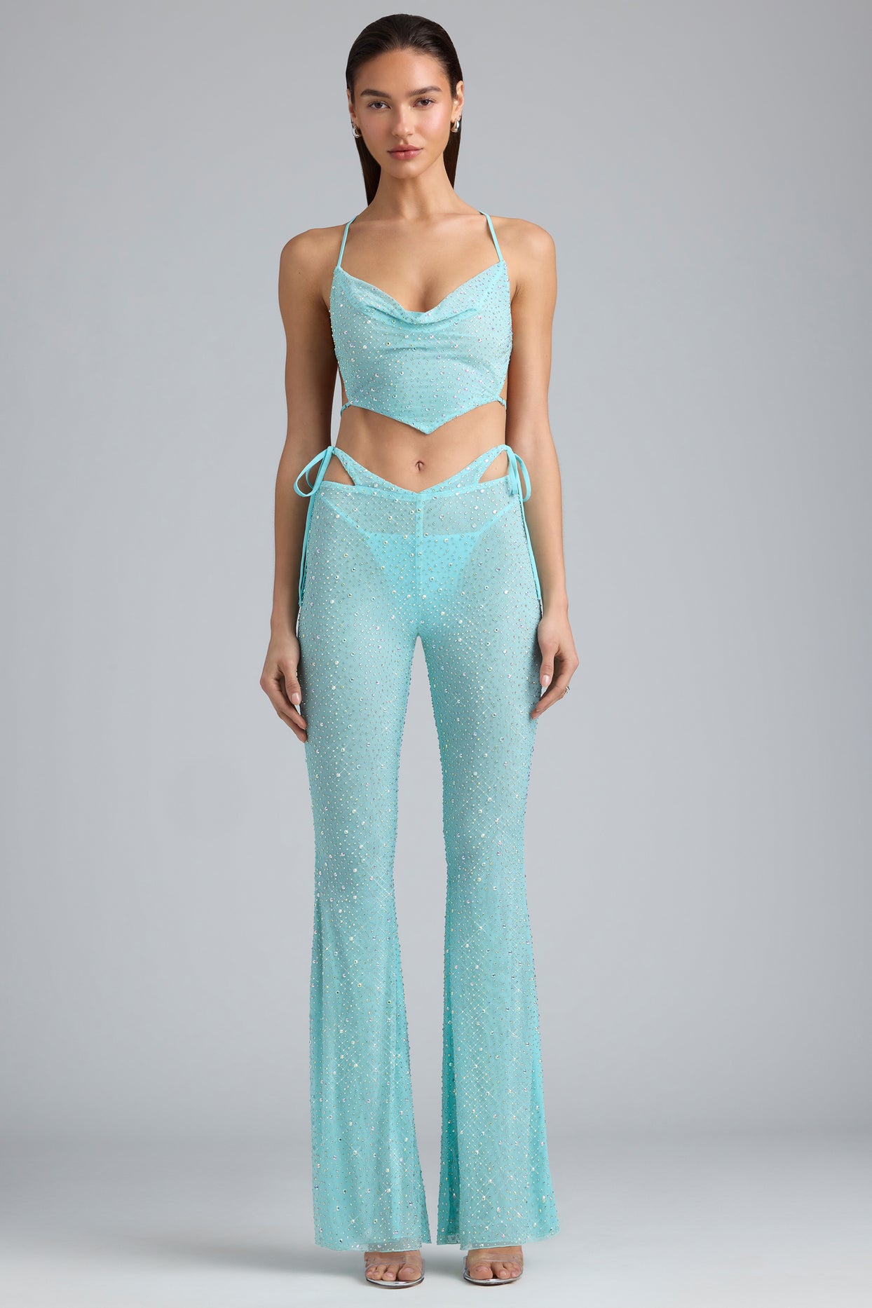 Embellished Cut-Out Flared Trousers in Ice Blue