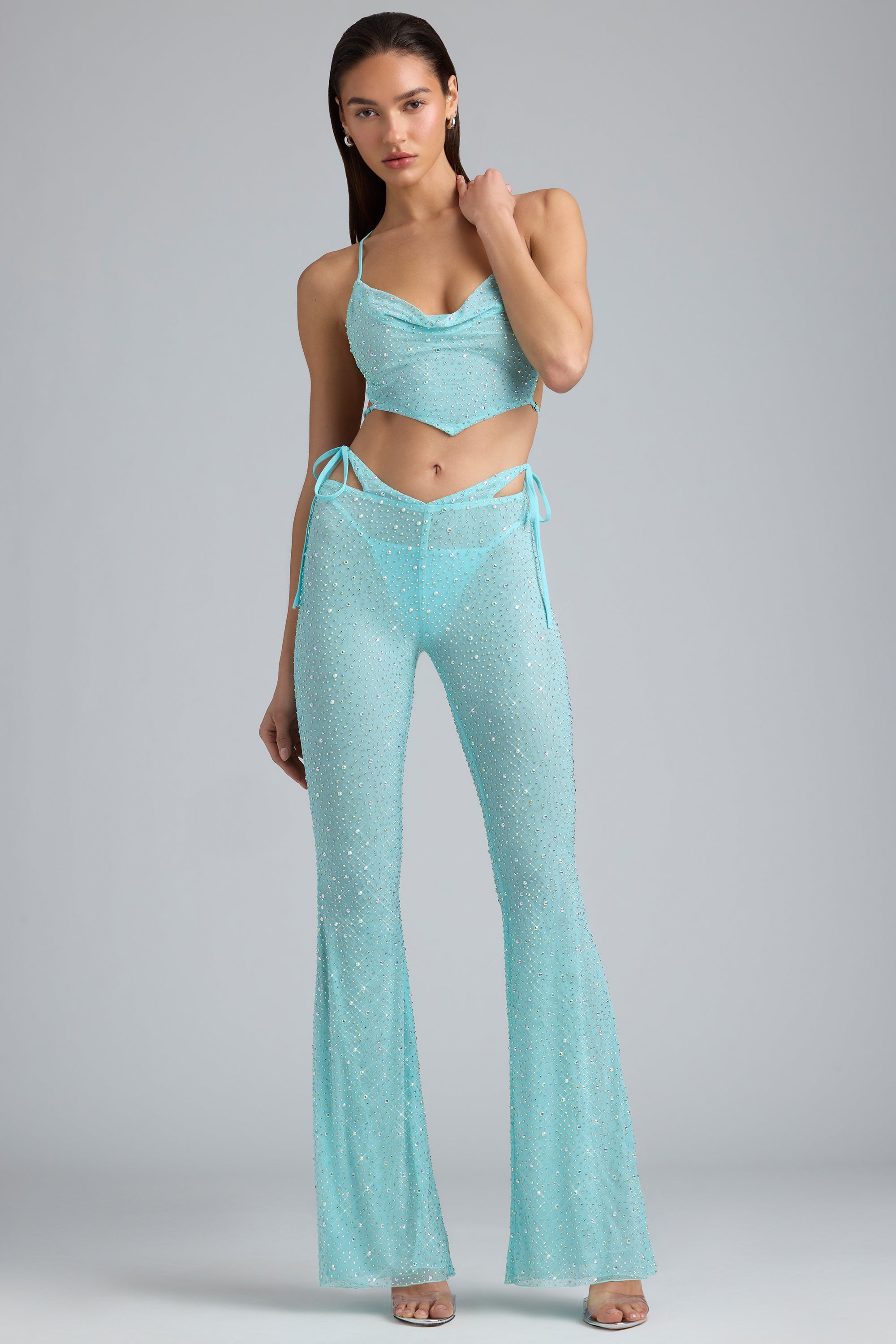 Petite Embellished Cut-Out Flared Trousers in Ice Blue