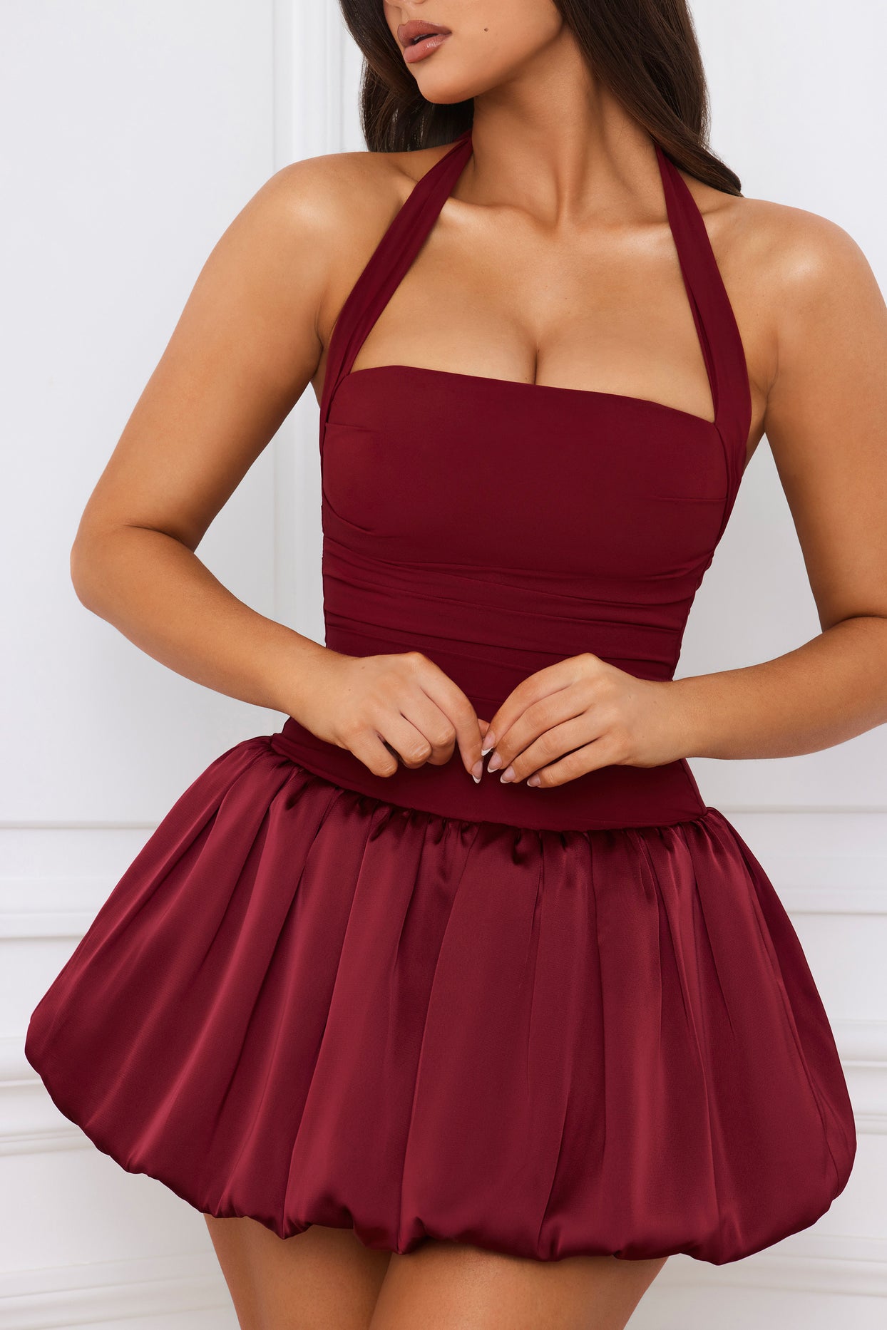 Halterneck Lace-Up Bubble Hem Corset Micro Mini Dress in Berry Red