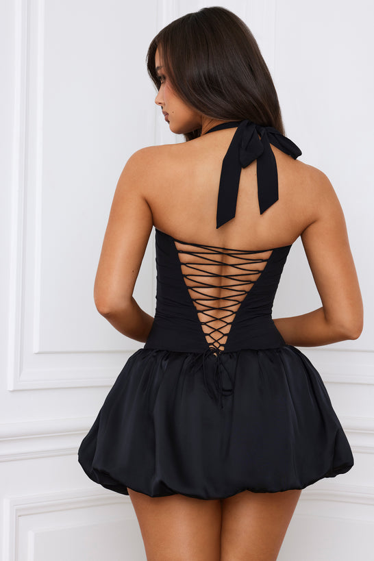 Halterneck Lace-Up Bubble Hem Corset Micro Mini Dress in Black