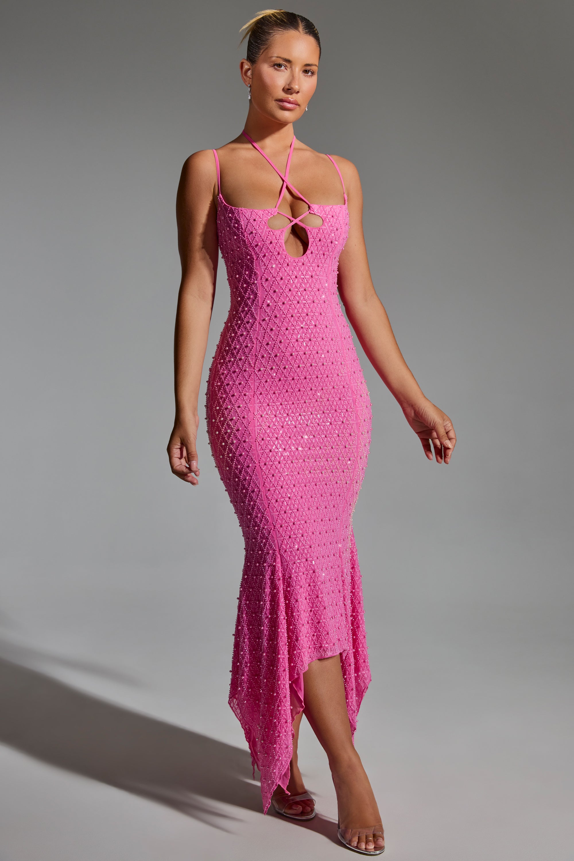 Josephine Embellished Cut-Out Asymmetric Midaxi Dress in Hot Pink 