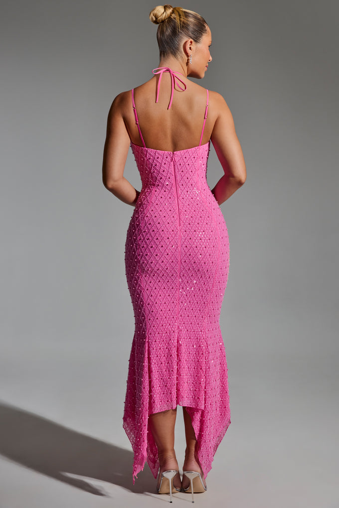 Embellished Cut-Out Asymmetric Midaxi Dress in Hot Pink