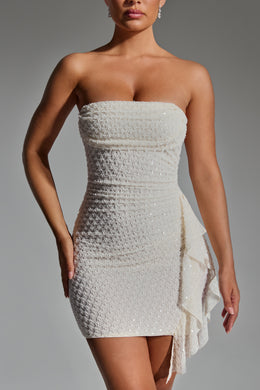 Embellished Ruffled Cowl-Neck Bandeau Mini Dress in White