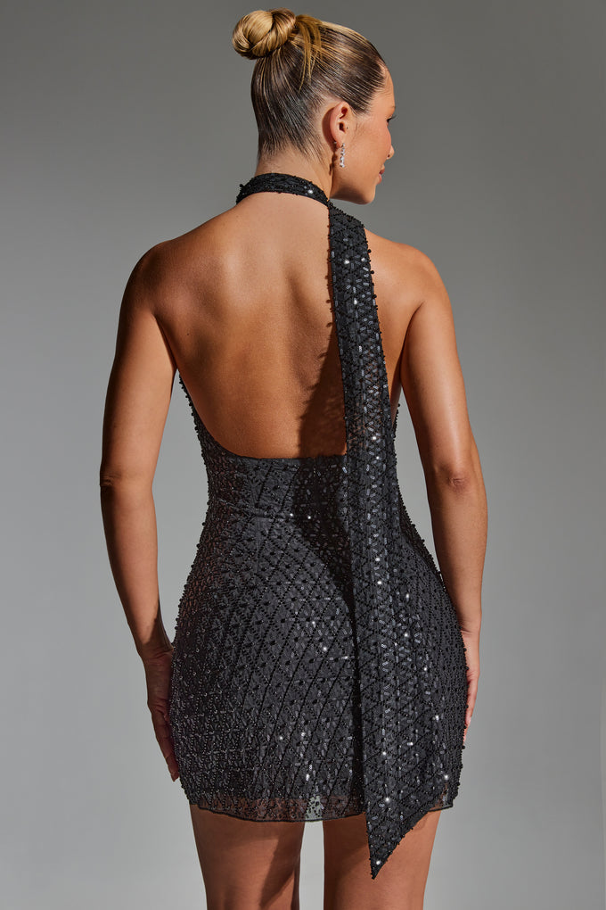 Embellished Scarf-Detail Halterneck Mini Dress in Black