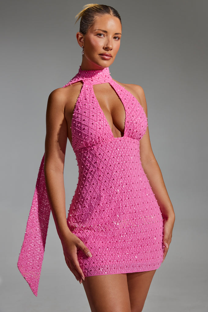 Embellished Scarf-Detail Halterneck Mini Dress in Hot Pink