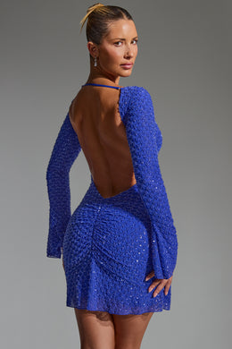 Embellished Open-Back A-Line Mini Dress in Cobalt Blue