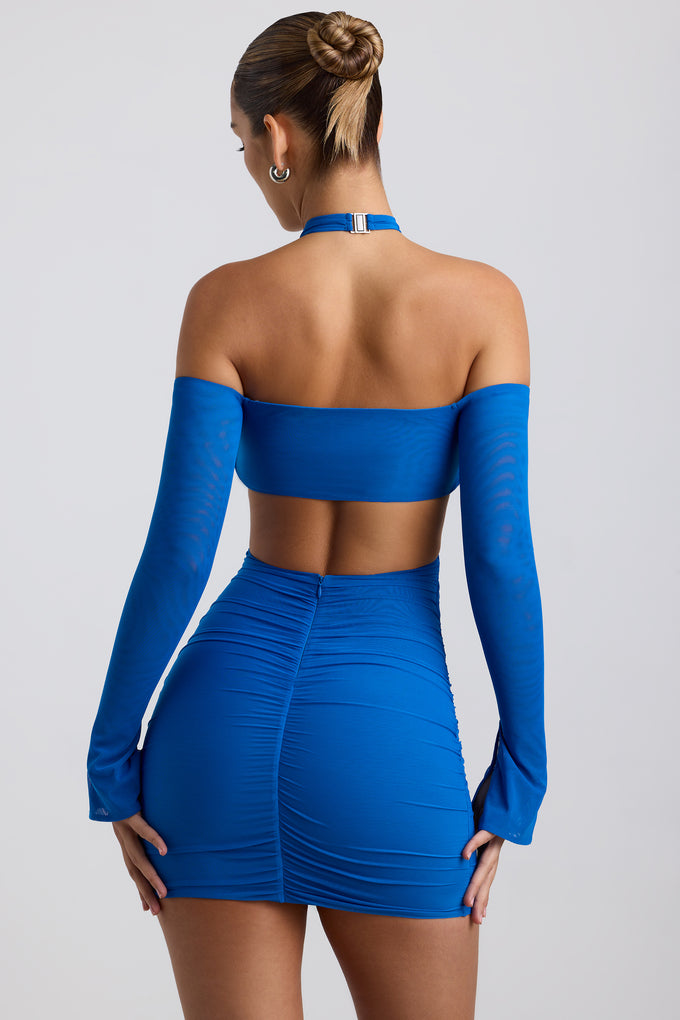 Mini-robe froncée à épaules dénudées et découpes, bleu cobalt