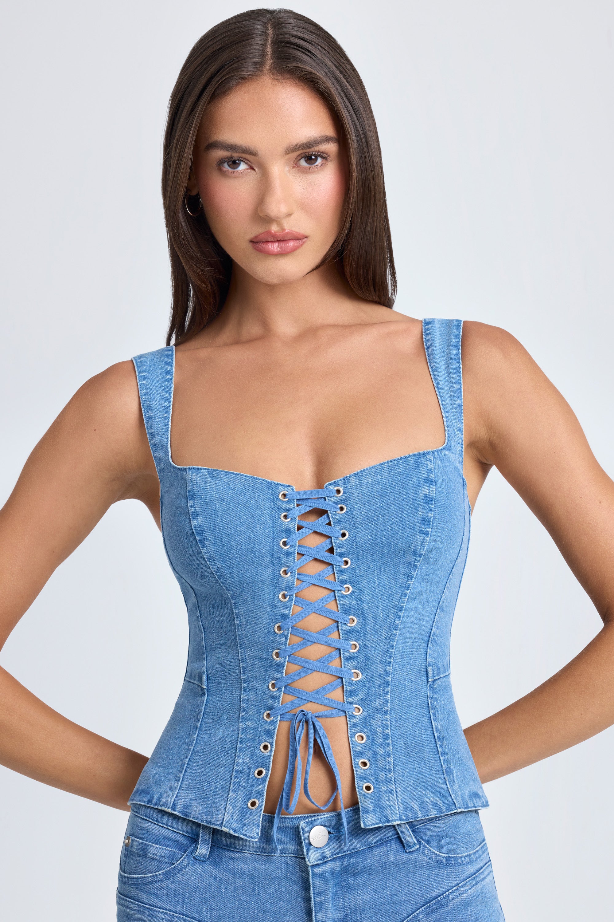 Haut Corset à Lacets en Délavage Bleu Moyen