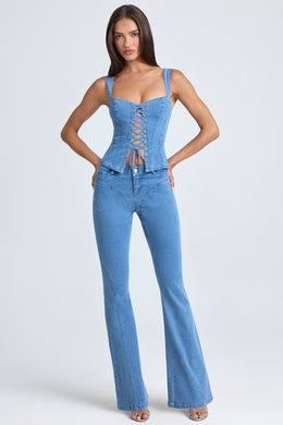 Petite Mid-Rise Flared Jeans in Mid Blue Stonewash