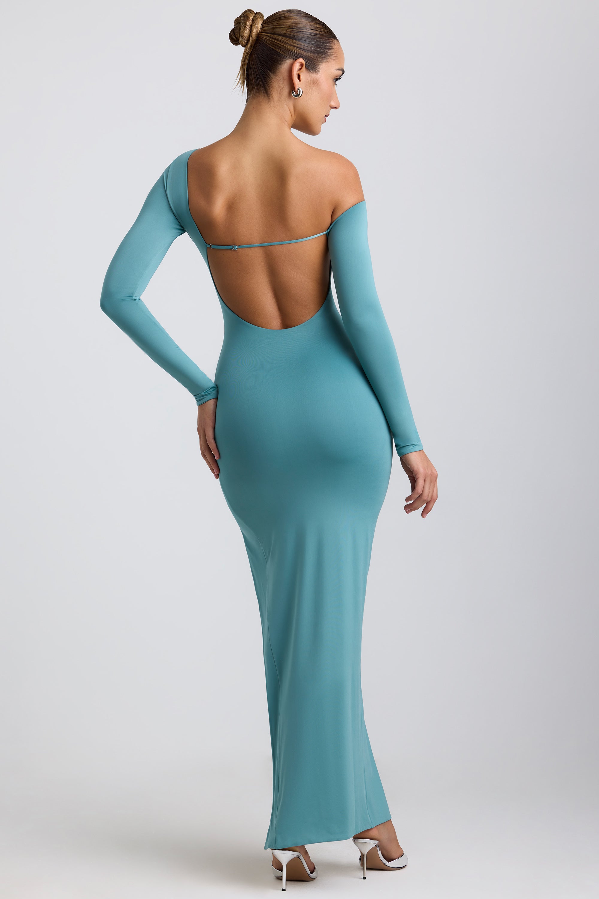 Robe longue asymétrique en jersey froncé avec détail matériel en vert d'eau