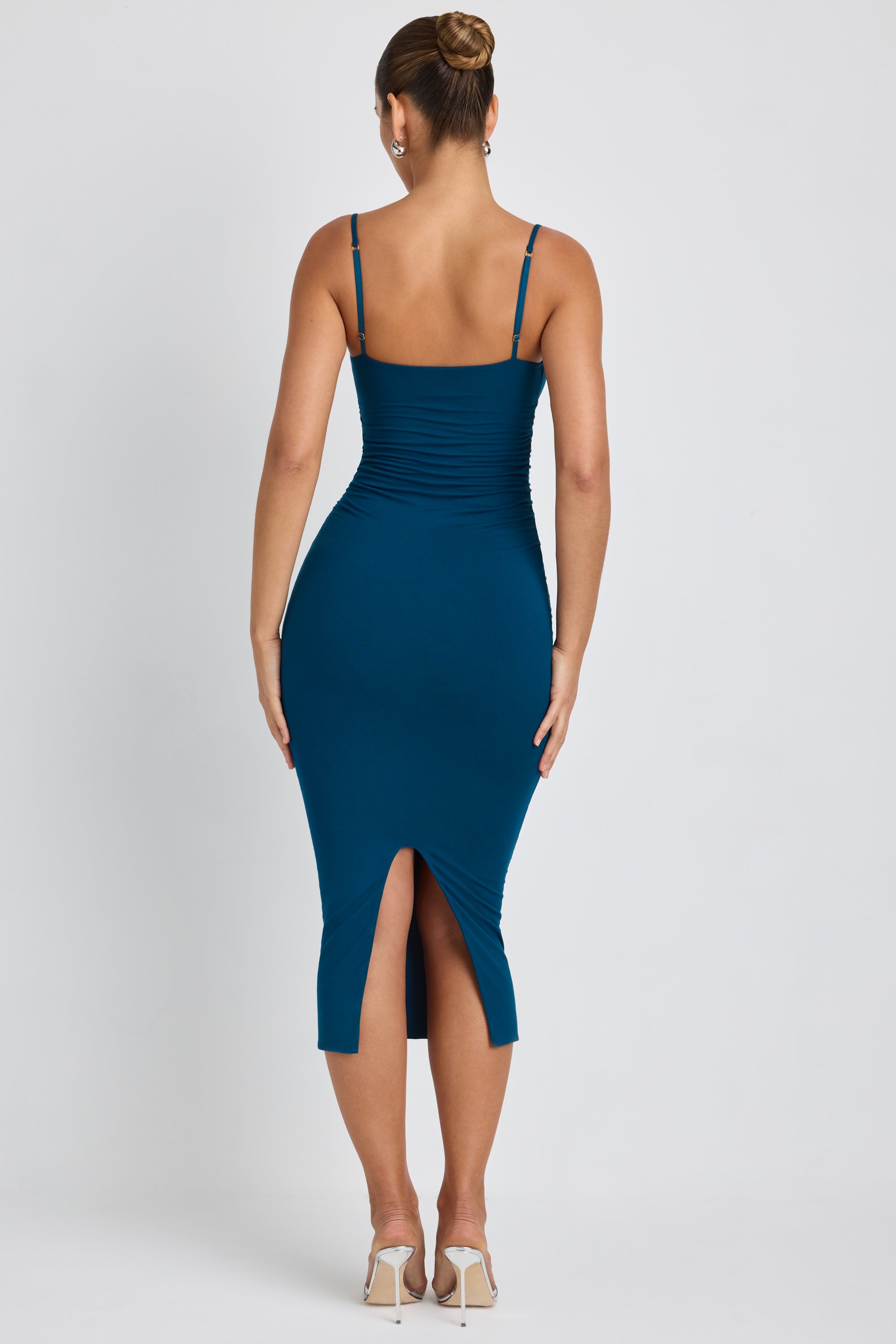 Robe mi-longue superposée froncée en modal, bleu sarcelle profond