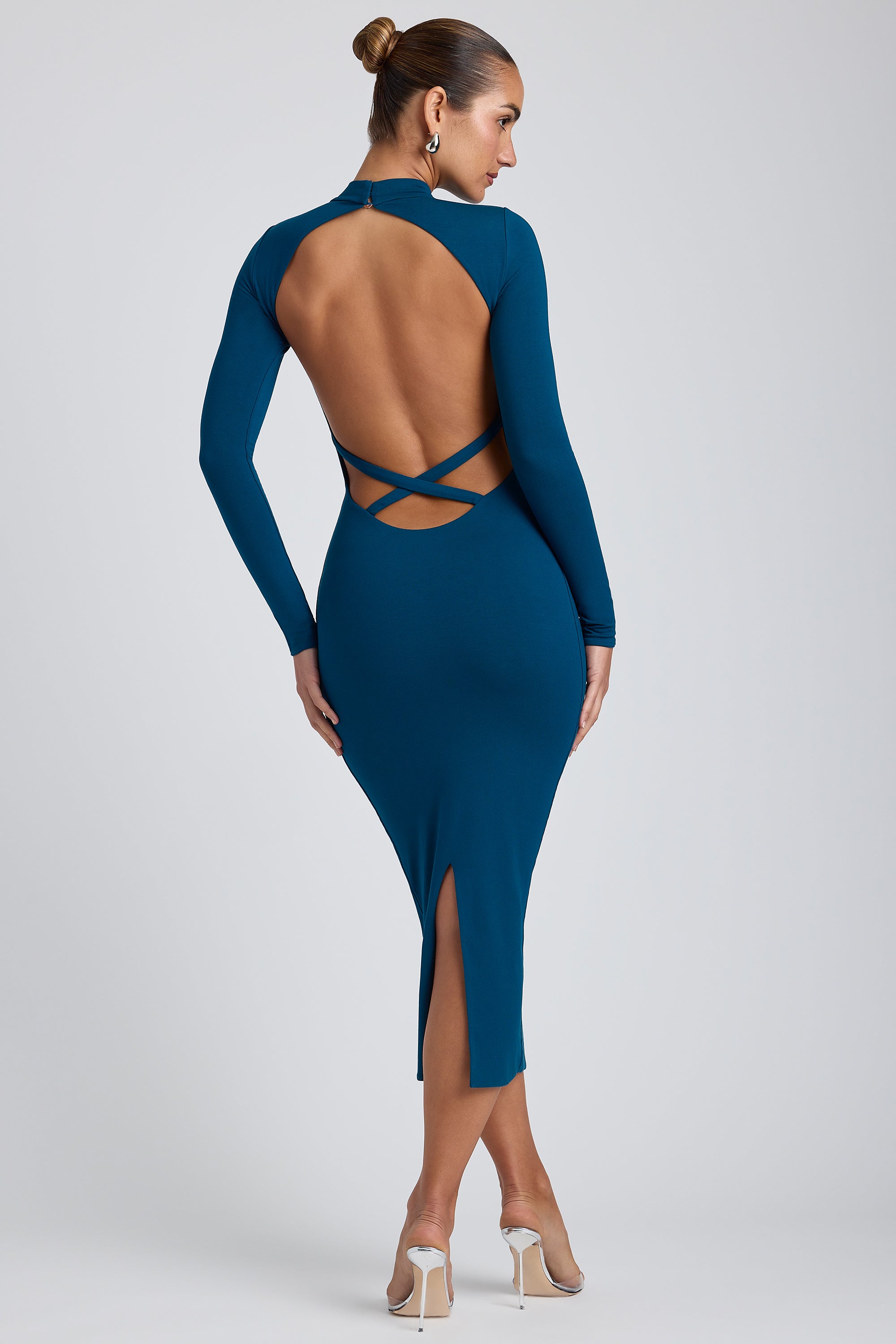 Robe mi-longue à dos croisé en modal, bleu sarcelle profond