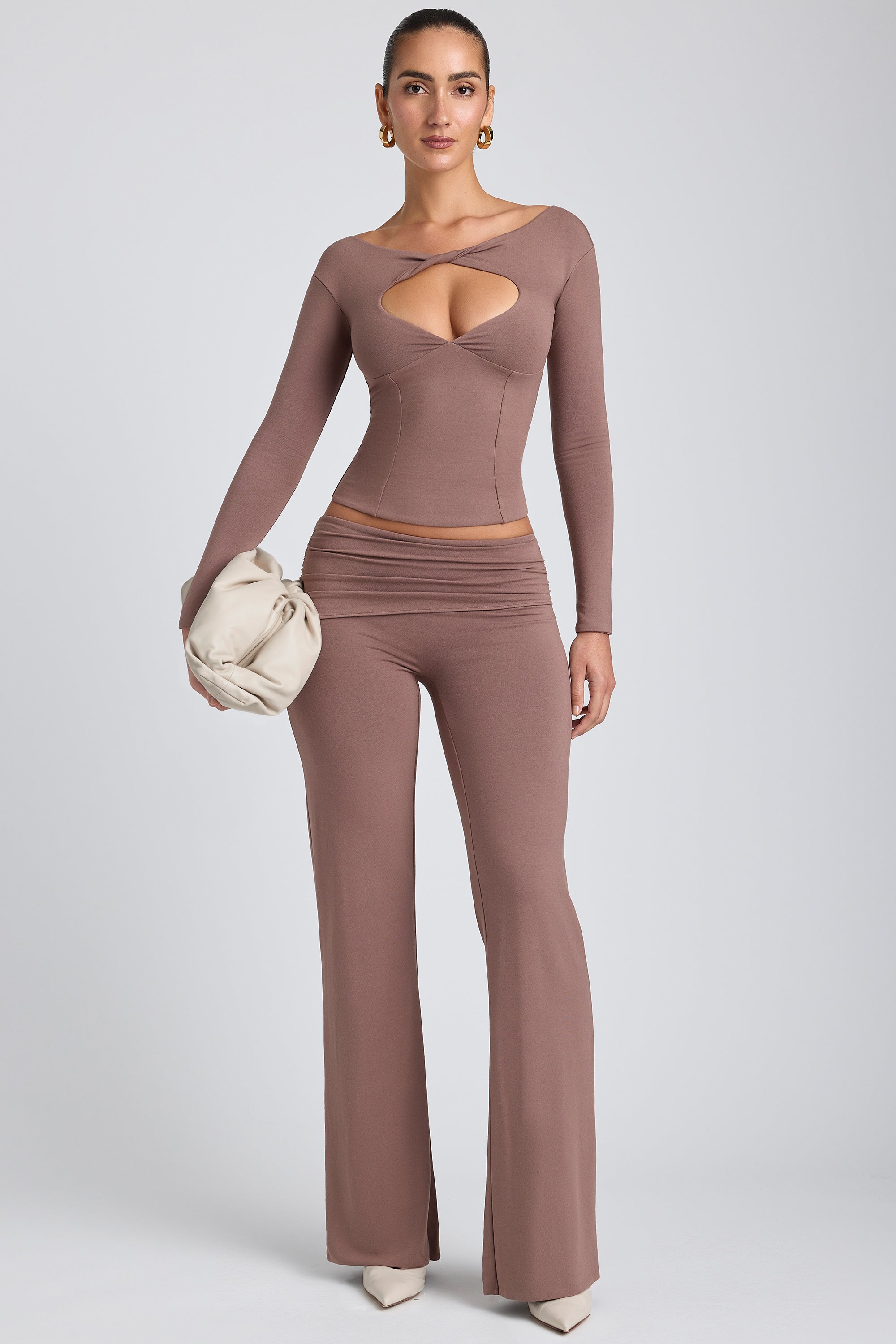 Pantalon droit taille mi-haute en modal, taupe