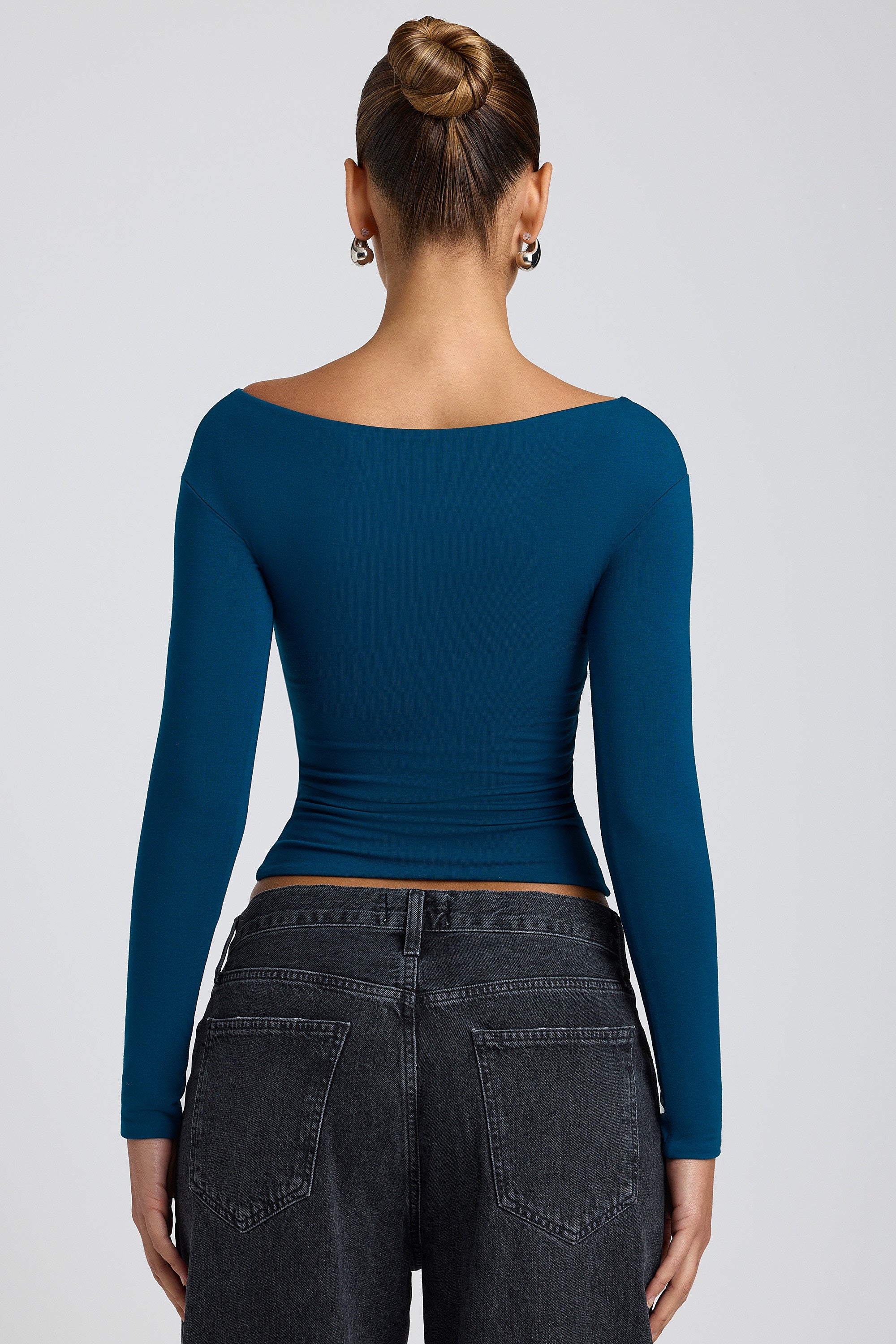 Modal Twist-Front Long-Sleeve Crop Top in Deep Teal