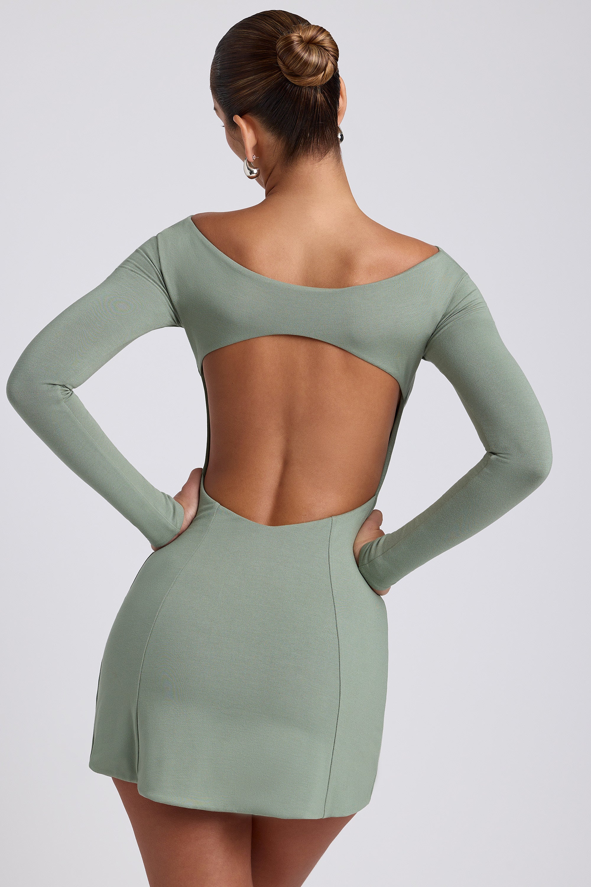 Modal Twist-Front Long-Sleeve Mini Dress in Sage Green