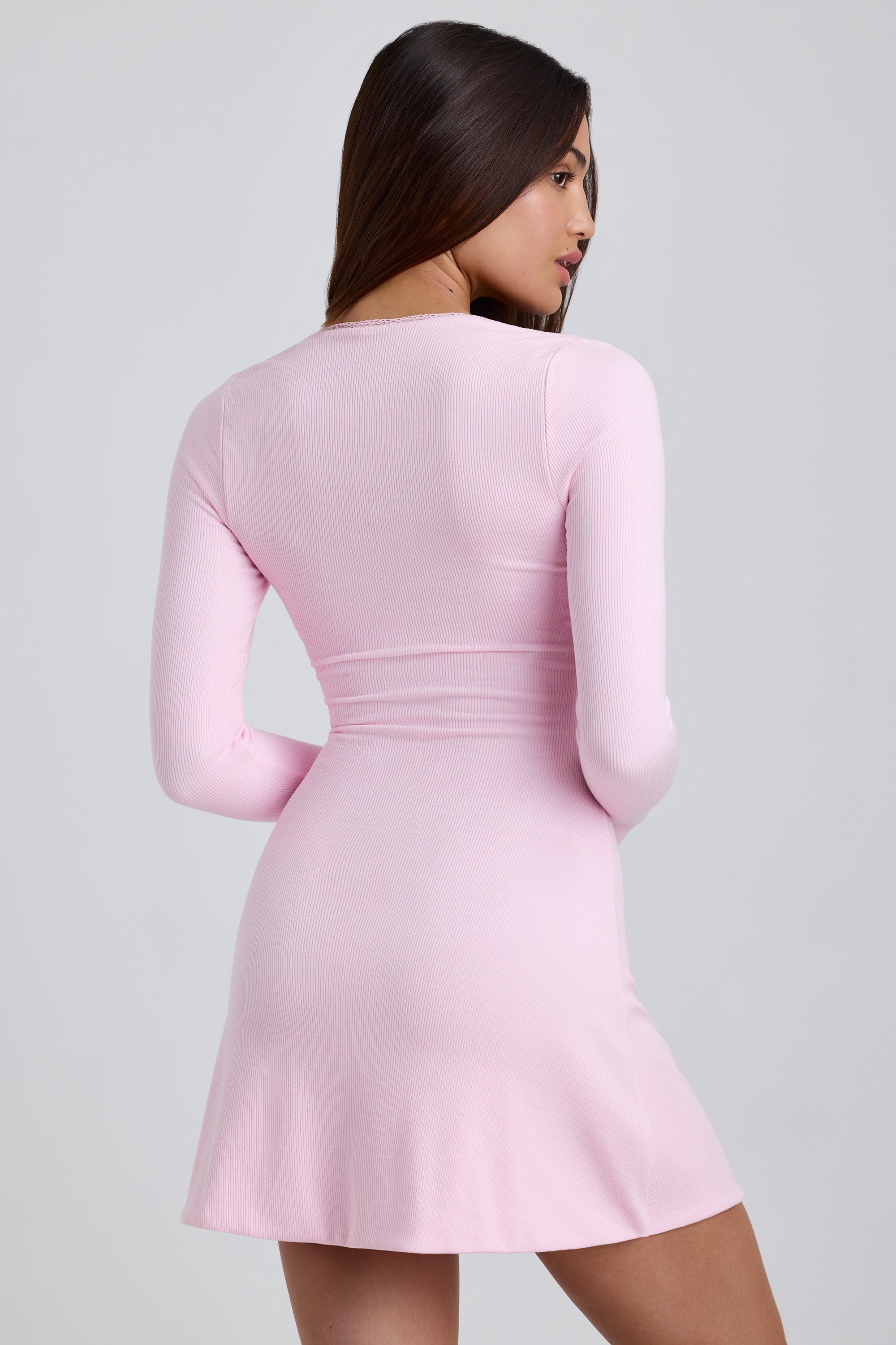 Ribbed Modal Lace-Trim Mini Dress in Blossom Pink