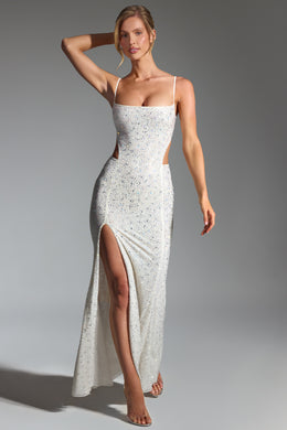 Embellished Cut-Out Fishtail Maxi Dress in White