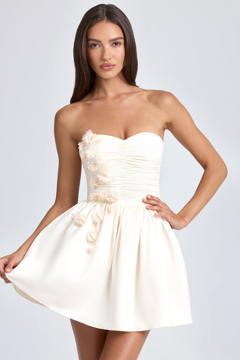 Bandeau Floral-Appliqué Corset Mini Dress in Ivory