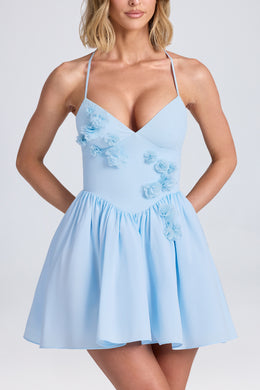 Mini-robe corset à appliqué floral et col licou, bleu poudre