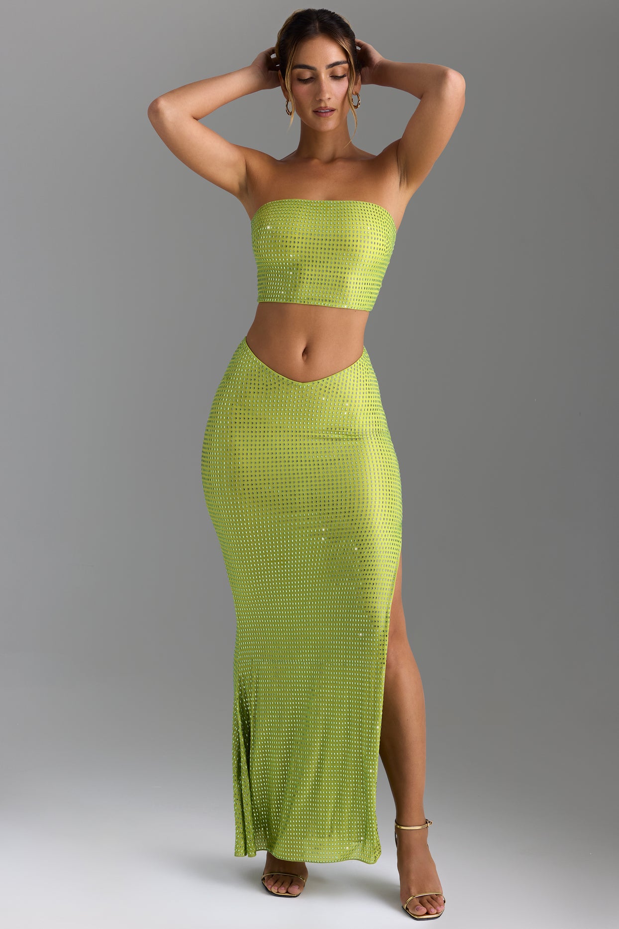 Embellished V-Waist Maxi Skirt in Pear Green