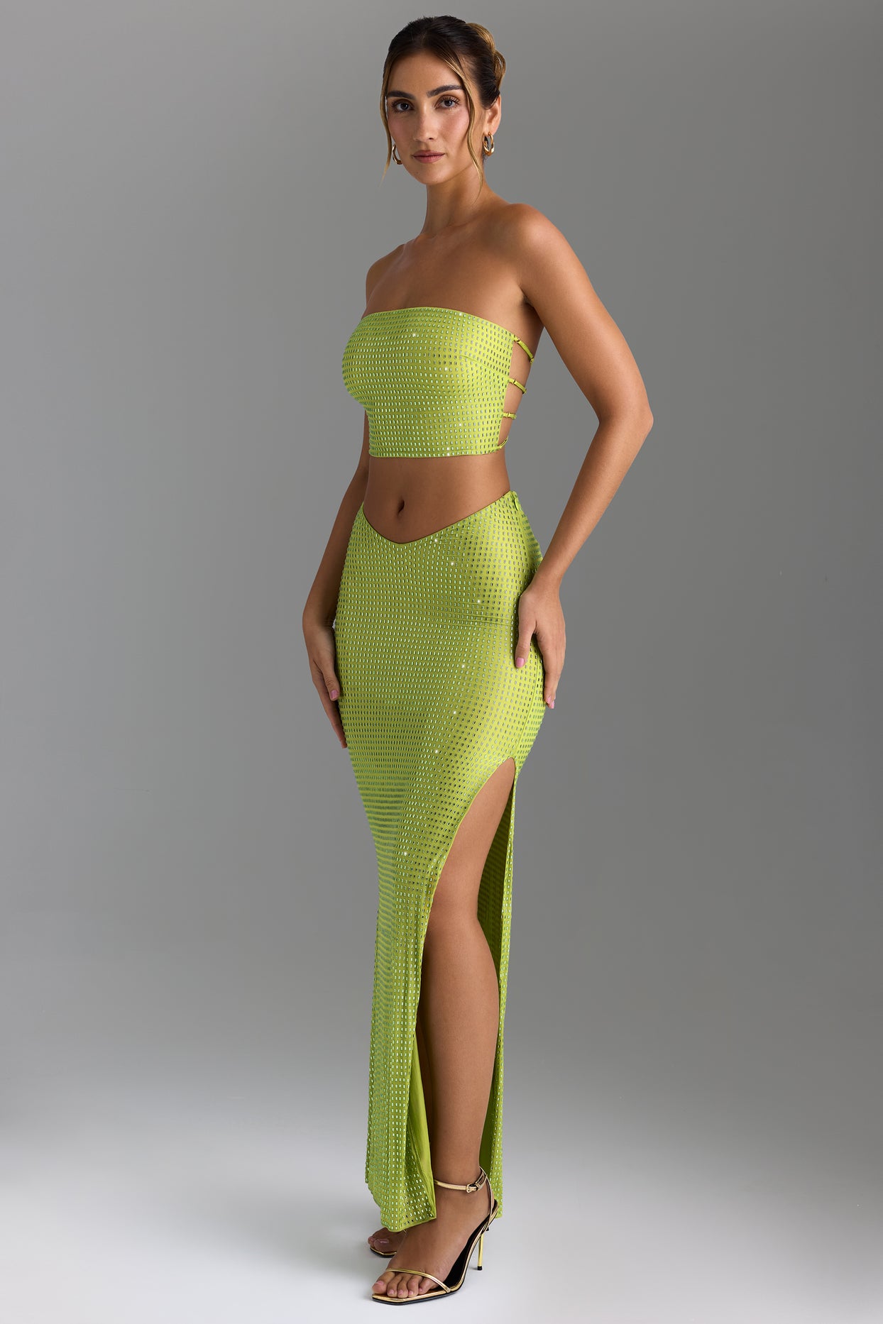 Embellished V-Waist Maxi Skirt in Pear Green