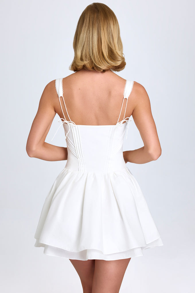 Pintucked Lace-Up Corset Mini Dress in White
