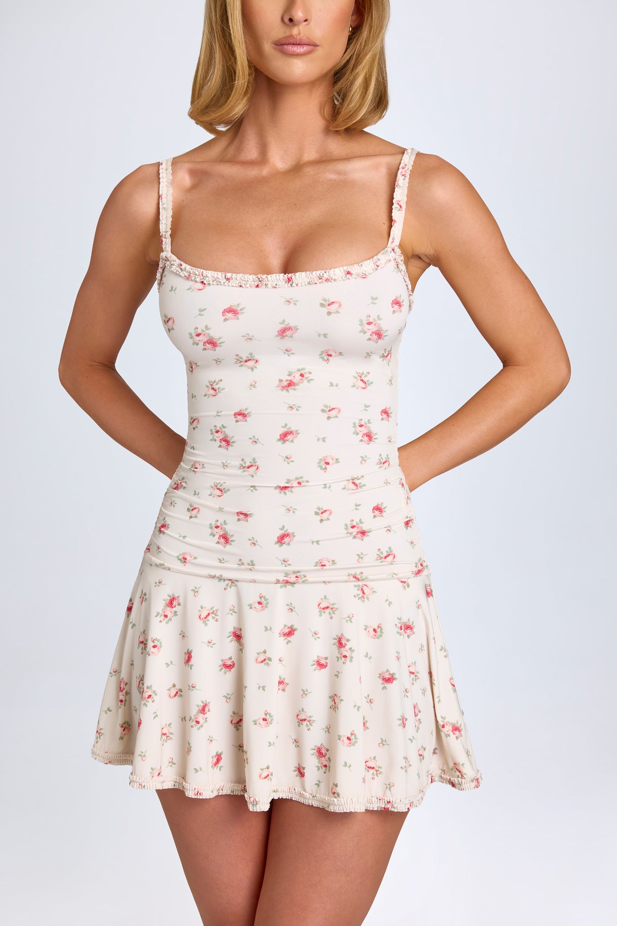 Lace-Trim Ruched Mini Dress in Small Rose Print