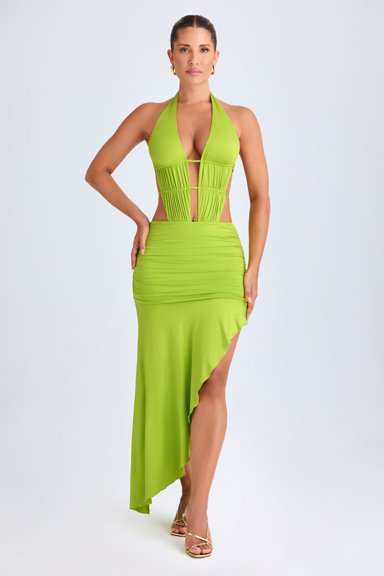 Asymmetric Cut-Out Halterneck Midaxi Dress in Lime Green