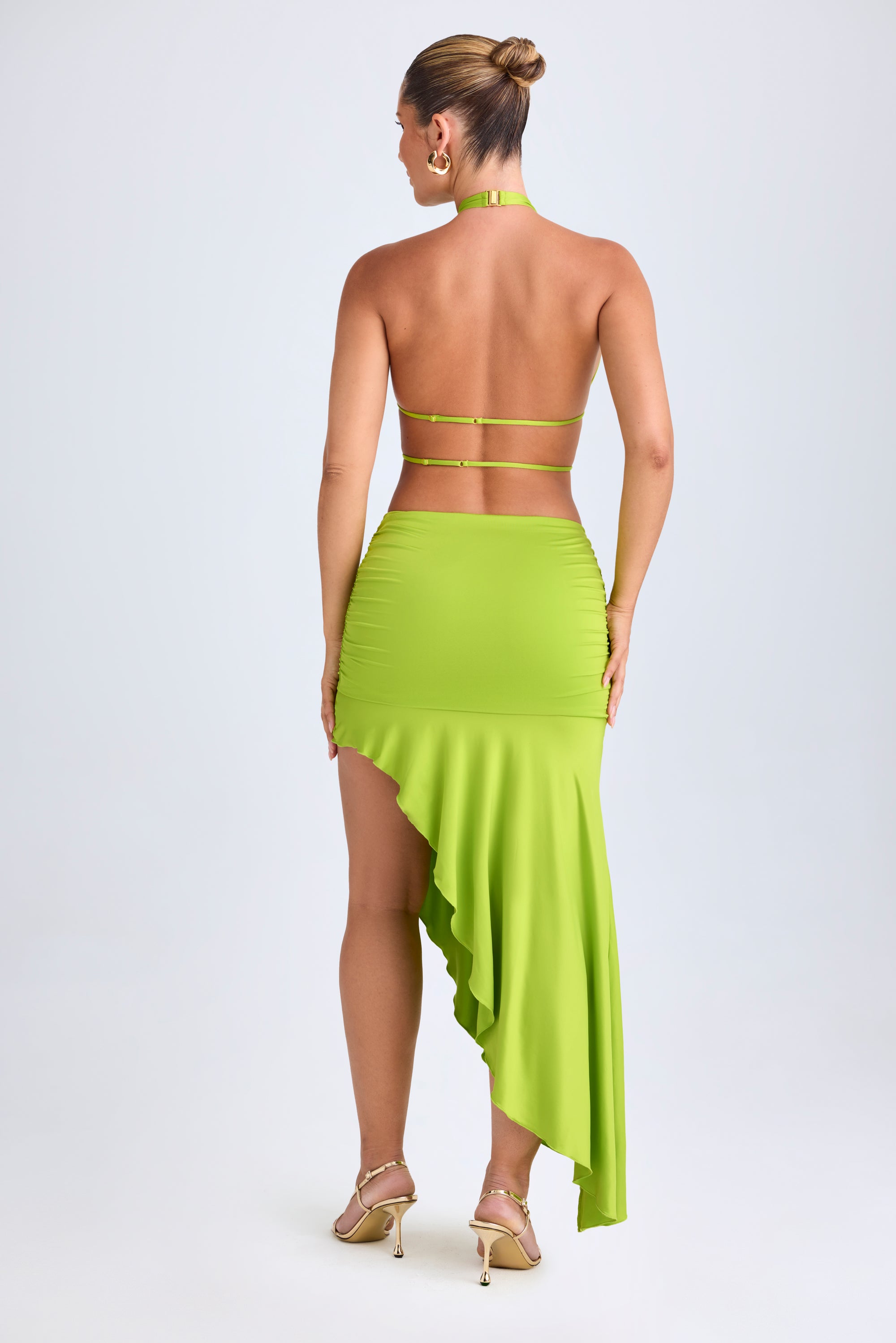 Robe mi-longue asymétrique à découpes et dos nu, vert lime