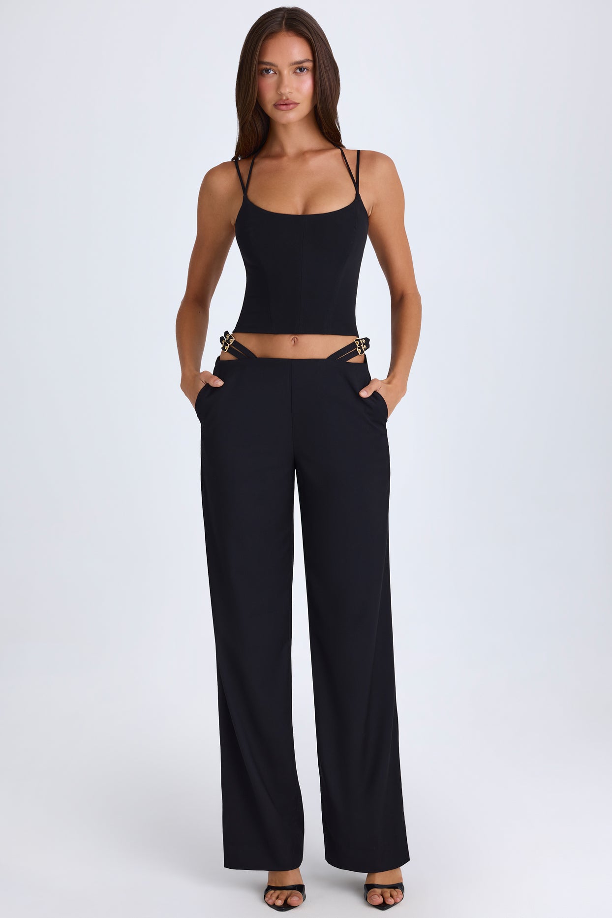 Tall Belted Cut-Out Wide-Leg Trousers in Black