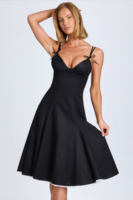 Bow-Detail Lace-Trim A-Line Midi Dress in Black