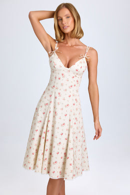 Bow-Detail Lace-Trim A-Line Midi Dress in Small Rose Print