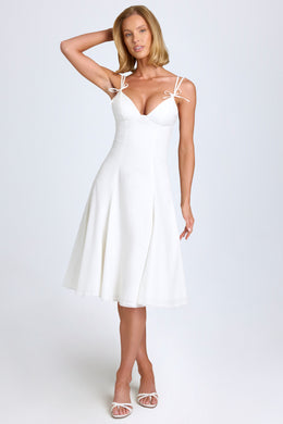 Bow-Detail Lace-Trim A-Line Midi Dress in White
