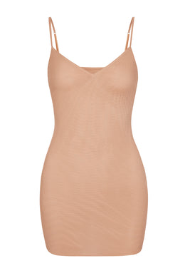 Soft Mesh V-Neck Mini Slip Dress in Warm Peach