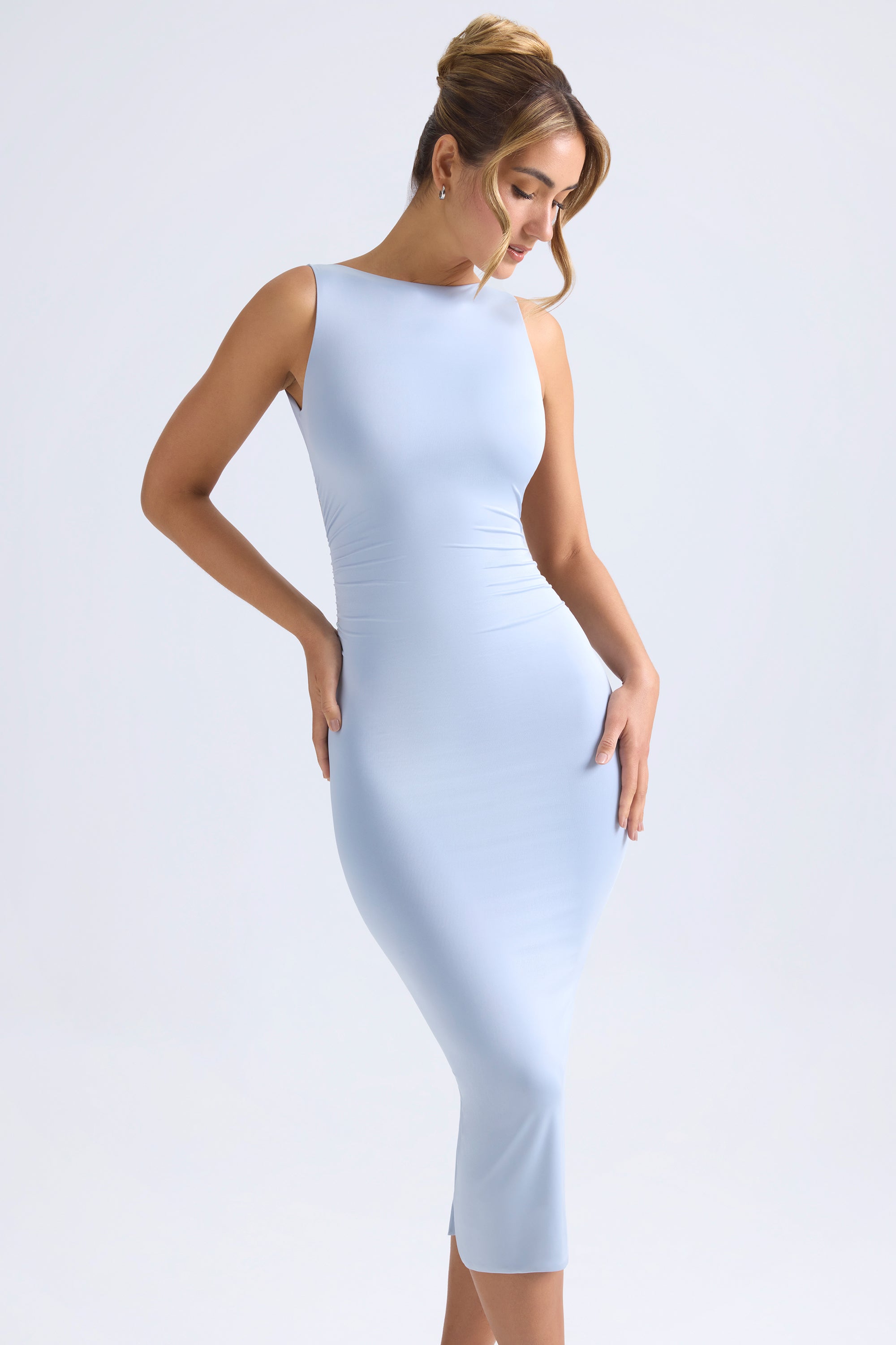 Ruched Open-Back Midaxi Dress in Light Blue