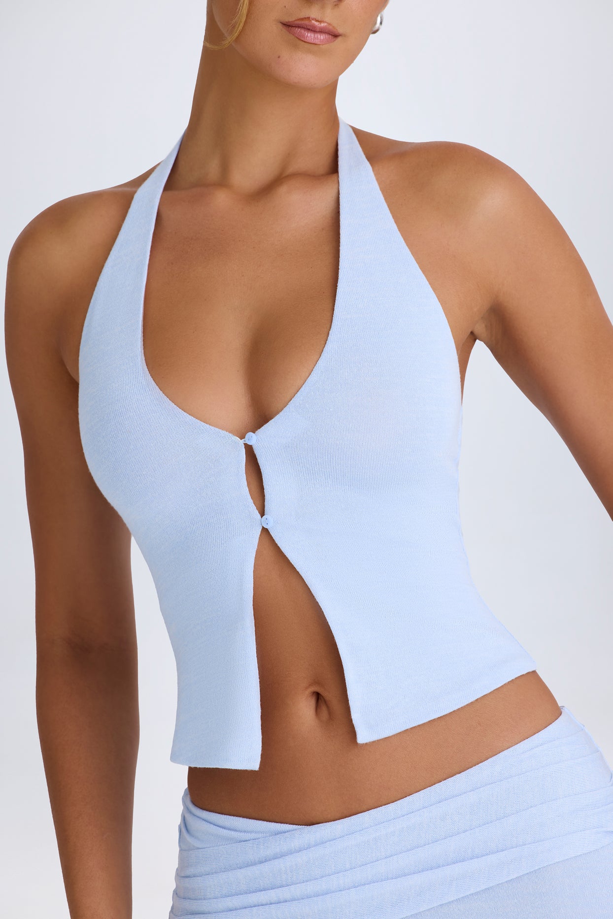 Open-Front Halterneck Top in Periwinkle Blue