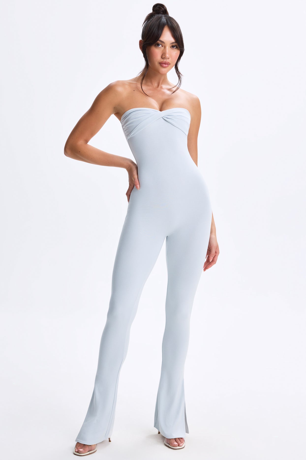 Petite Twist-Front Split Hem Flared Jumpsuit in Dusty Blue