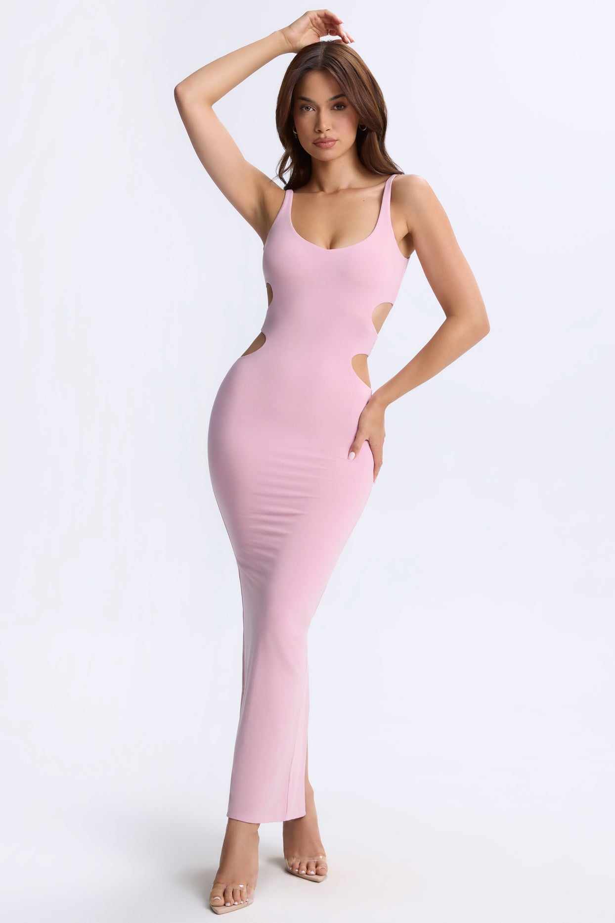 Robe longue découpée à décolleté plongeant en rose blush