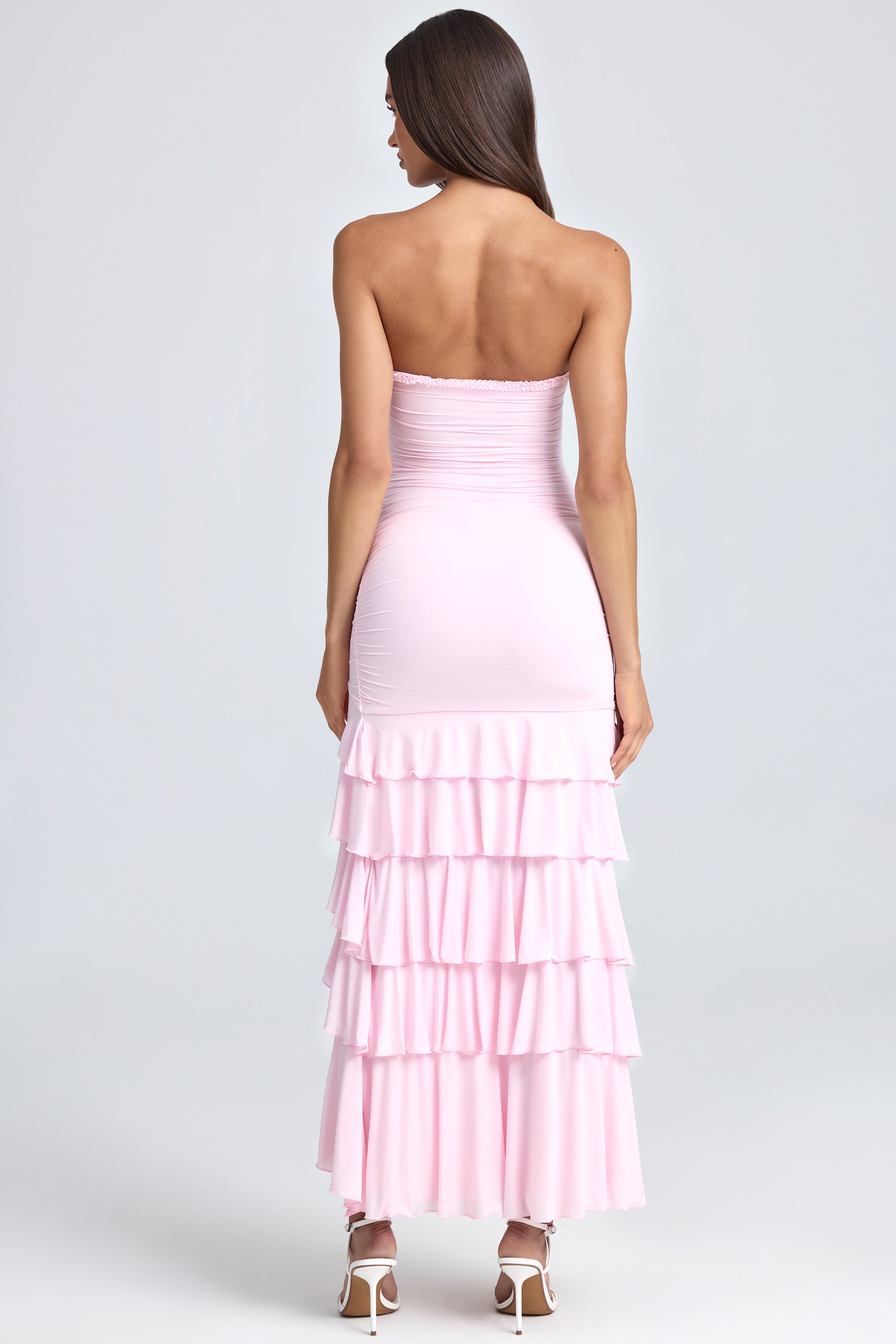 Robe longue bandeau froncée à bordures à volants, Blush