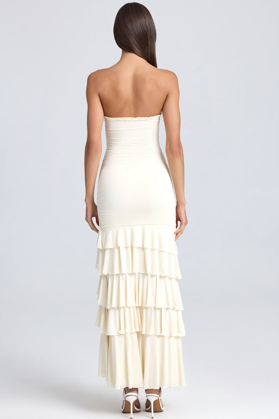 Bandeau Ruched Ruffle-Trim Maxi Dress in Ivory