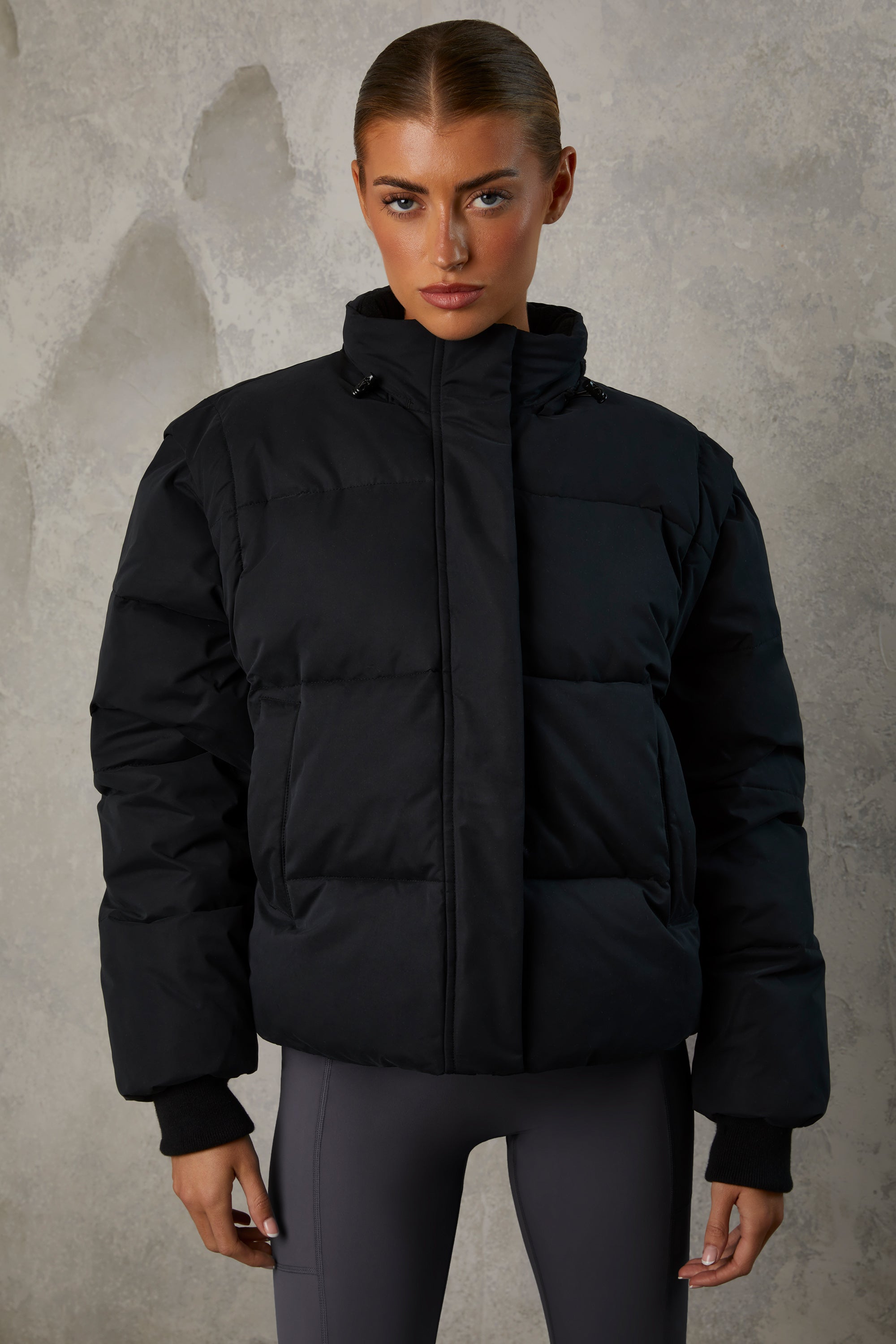 Black crop puffer top jacket with hood