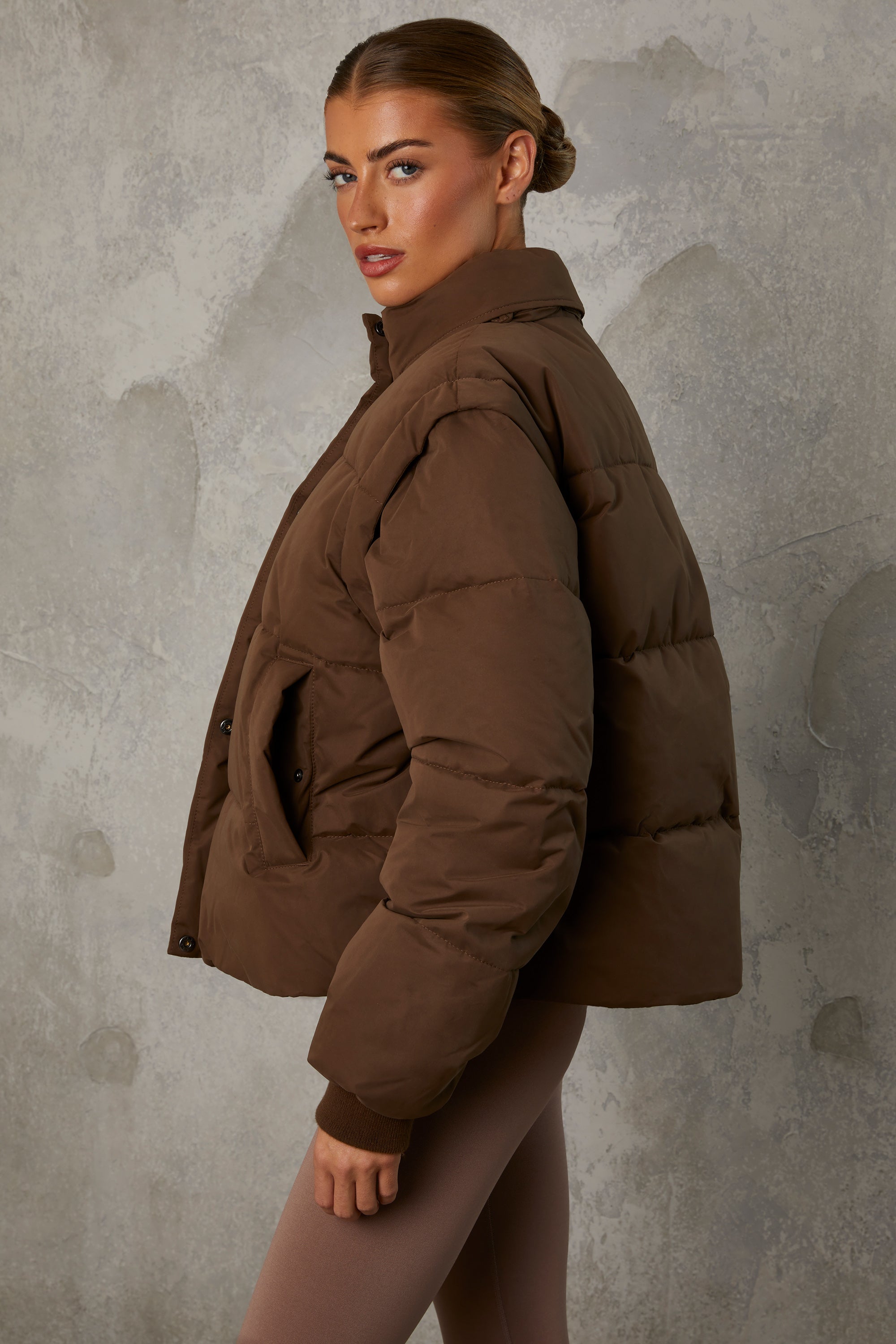 Essential Cropped Puffer Jacket with Detachable Sleeves in Cocoa