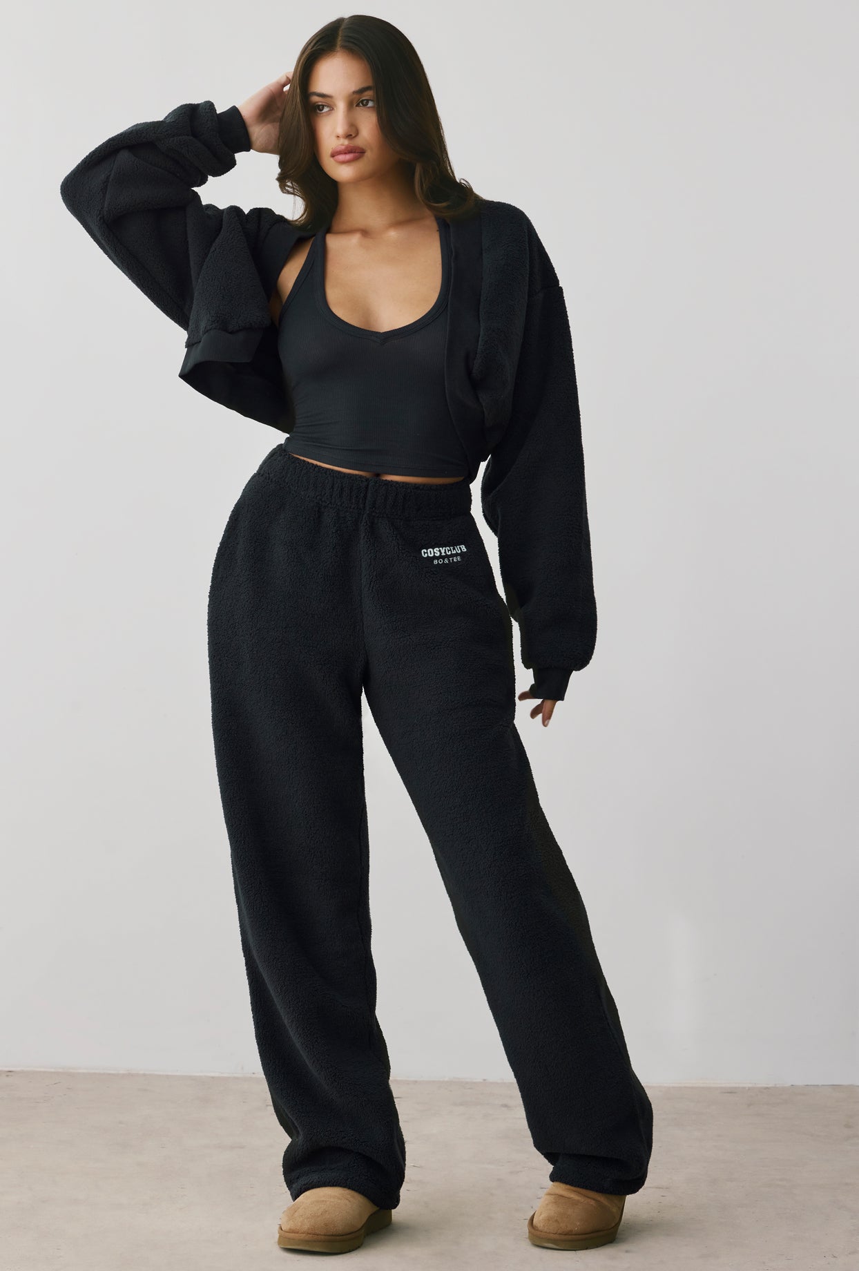 Petite Fleece Wide Leg Joggers in Onyx