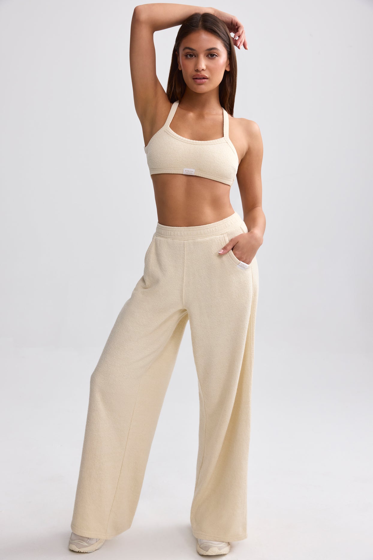 Petite Terry Towelling Wide-Leg Joggers in Cream