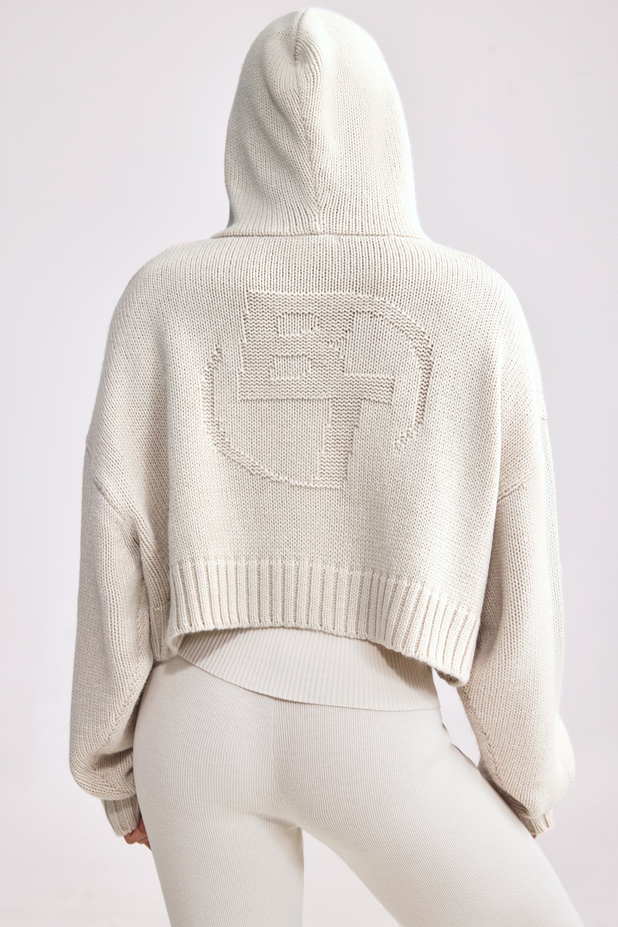 Cropped Zip-Up Chunky Knit Hoodie in Cream